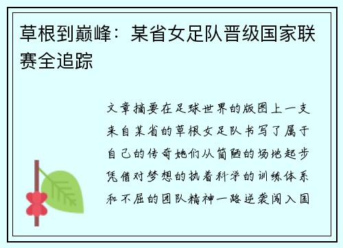 草根到巅峰：某省女足队晋级国家联赛全追踪