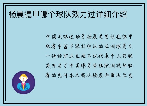 杨晨德甲哪个球队效力过详细介绍